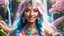 Placeholder: Photo realistic portrait of a gorgeous smiling skinny native indian goddess with a golden dark shining skin, long smooth clear turquoise blue and pink white hair, blue eyes, in a sci-fi outfit with luminous strikes blowing a kiss in a hill of flowers with sakura trees, a waterfall, a crystal palace, loads of mini flowers, moss, sun rays through the branches, particles in the air at spring. Intricated details,