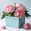 Placeholder: A delicate light blue box with beautiful pink peonies all on a light background to remove