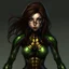 Placeholder: Half spider woman dark alien, brown hair, green and black spider suit, blue eyes