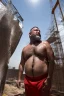 Placeholder: full figure shot photography of a wet sweat chubby and very virile 51-year-old burly turkish construction worker, long beard, in tank top, bulge, works hard very sweaty on a construction site in the sun repairing a floor, underlines the shine of the sweat in the sun's rays and the fatigue of the muscles, manly chest, , big legs, big belly , side view, photorealistic , side light