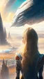 Placeholder: blond woman looking down on an sci-fi landscape with spaceship, detailed matte painting, fantastical