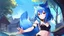 Placeholder: Girl look like wolf, wolf paws on hand, red eyes, animal paws, wolf ears, wolf tail,blue hair, open navel, house, forest, collar on neck.