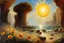 Placeholder: sunny day, planet in the sky, rocks, flowers, cliffs, sci-fi, friedrich eckenfelder and william turner impressionism paintings