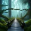 Placeholder: wisps on wooden bridge in magical forest, spray painting, foliage frame, fantasy art , movie poster, Realistic photography, incredibly detailed, ultra high resolution, 8k, complex 3d render, cinema 4d, color corrected