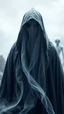 Placeholder: In a mesmerizing and ethereal manner, an otherworldly being emerges in the form of a translucent grey hood ghost. flowing smoky black robes. Forward facing, a blurred alien in the background
