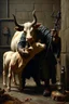 Placeholder: Satan kidnapping young holy calf while medicating holy old cow, inside science factory, painted by Rembrandt