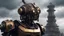 Placeholder: mandatory, cgmech, a ((Medium Close Up of humanoid robot)), ((look away from the camera)), Steampunk City Pilaster,Overcast Sky as background, atmosphere of horror and nightmare