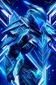 Placeholder: neon blue, flying parts of armor in form of triangles, cyber armor, geometric patterns on armor, male, orbiting triangle