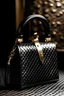 Placeholder: black pyramid shape glitter leather carry-on bag with a golden clasp