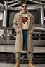 Placeholder: a men winter fashion runway Superman with industrial clothes inspired by Superman Emblem style, embroidery sweaters fashion beige tones