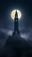 Placeholder: The tower in a mountain,A full moon ,A mystical scene with ethereal light illuminating a dark landscape filled with shadows and whispers.