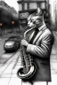 Placeholder: One single mature cat playing saxophone on the street, Ging Kong, thoughtful, mourning, model style, hyper realistic, extremely accurate, delicate, extremely detailed, Graphic novel style, wide-angle, open aperture, superfine pencil