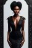 Placeholder: A portrait of a beautiful curvaceous black woman with long straight curly black hair, wearing a black lace dress with a deep v neck, sorceress, magical, ethereal, intricate, sharp lighting, misty. Painting, high quality, Ultra quality 8k.