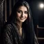 Placeholder: Hyper Realistic Photographic close-up view of Young Beautiful Pashto Woman with beautiful eyes, beautiful lips & beautiful long black hair wearing black embroidered dress with black-embroidered-shawl happily smiling & sitting on a rocking-chair inside a dark room with moonlight-rays-on-her-face showing dramatic & cinematic ambiance.