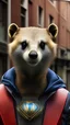 Placeholder: full body portrait of a Superhero Meerkatman, Walking Down The Street, Serius, Mask, Head Man Mouth And Nose Hyper Realistic Armor Intricate Detail , 4k