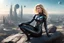 Placeholder: woman in an android-looking catsuit, with shoulder-length blond hair, sitting on a rock, sideways, with a planet behind her, a futuristic city on the horizon