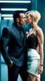 Placeholder: Jason david frank muscular male with short dark hair, wearing a designer suit, whispering in ear of young blonde woman, with short hair, wearing short white dress. hyper realistic