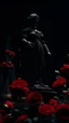 Placeholder: The statue of justice is filled with blood, carrying a scale full of red roses, and poppy flowers grow from underneath it and climb the statue. Dark garden background cinematic.9:16