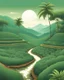 Placeholder: tropical tea plantations, mountains, trees, in the style of poster art, hyper-detailed, richly colored in white background