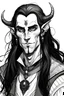 Placeholder: A dnd character portrait, a tiefling man with long hair, ink black eyes and pale skin. Young.