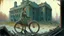 Placeholder: A vintage oil painting of a woman on a bicycle in front of a decaying building, captured in the post-apocalypse city, featuring elements of soviet city architecture, with a touch of socialist realism.