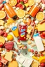 Placeholder: A design filled with fruit juice, puffs, chips, soda, various chocolates, shopping carts, cheese, butter, pasteurized milk, and dairy products in bright, cheerful, and eye-catching colors.
