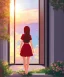 Placeholder: anime style illustrationc, sad girl sitting on the balcony, looking out of the window, sunset, breeze, shot from inside the house,