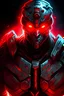 Placeholder: RAZE, the heroic war soldier, tough, glowing red eyes, glowing red small traingle in chest, dysoptian