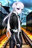 Placeholder: close-up gothic anime girl, white hair, tight outfit with gun on thigh, standing on a train track, smoke and fire surroundings, she is dull and dark, looks determined , train approaching behind her,