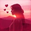 Placeholder: Double Exposure Of A Beautiful Woman (Full Body) With Mini Maroon Whirling Hearts With Cloudy Sunset And Small Pine Trees On Mountains on a Grunge Pink And Red Background.