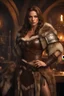 Placeholder: portrait of a beautiful female barbarian, middle aged, long brown hair, warm eyes, dressed in a revealing fur armor, standing in a tavern, realistic, dim lighting, face painting, cinematic lighting, highly detailed face, very high resolution