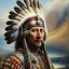 Placeholder: stunning 3D render of a painting in the style of Rembrandt featuring Winnetou, the chief of the Aachen tribe. Winnetou is depicted as a noble and wise leader, adorned with intricate feathers and a colorful headdress. The background portrays a vast, rugged landscape with a rocky mountain range and a serene lake, casting a warm golden glow. The overall atmosphere is a mix of both realism and dreamlike fantasy, reflecting Rembrandt's masterful use of light and shadow., illustration, 3d render, pain