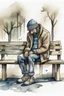 Placeholder: Watercolored crying man sitting on a bench