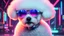 Placeholder: An adorable little white poodle is reimagined in a neon cyberpunk setting, exuding a futuristic and technologically advanced vibe. The poodle dons stylish mirrored sunglasses, exuding a cool and stylish aura. This visually striking image is a digital painting that expertly combines elements of cuteness and futurism. The poodle's fluffy white fur contrasts beautifully with the vibrant, glowing neon lights of the cyberpunk backdrop, creating a truly captivating and high-quality piece of art. Sing