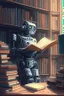 Placeholder: The library is serviced by computers, and there are many books on the shelves. The robot sits at the table and searches for books in the catalog in the computer Expression. High-quality drawing, 8K