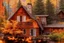 Placeholder: Cabin in the woods, autumn colors, lake with crystal clear water, mountains bokeh background, serenity.