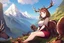 Placeholder: Girl, mountain, sit on stoan, deer hoof foot, brown hair