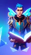 Placeholder: a human male with blue short hair and blue wings in assymetrical armor with geometric patterns and a book in hand, geometric wings