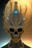 Placeholder: black male African alien, cracks in the voodoo head, wicked, diamond eyes, crown, blood, 8k, finely detailed, photo realistic, Boris Vallejo style turquoise skull head gold dragon space alien rain skeleton gold tooth silver helmet silver space suit spaceships