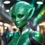 Placeholder: In the bustling corridors of the Intergalactic Bazaar, the figure of a green galactic female alien, her skin shimmering with iridescent green. Her eyes, large and multifaceted like precious gemstones, sparkle with a mischievous glint. Clad in a sleek silver suit that hugs her slender form, she moves with a grace that is otherworldly, her movements fluid and elegant. The suit seems to be woven from strands of liquid mercury, reflecting the ambient light in dazzling patterns that dance across its