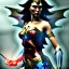 Placeholder: Wonder woman battles a insect, futuristic design, rain in background, close-up face, geometric armor, 3d unreal engine, close up armor, fine detail, lovely face, cyber parts, parts are hollow