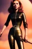 Placeholder: retro portrait image from 1960, explosion background, long hair, young Scarlett Johansson, classic black tight lycra suit, metal stick weapon, gold bracelet and belt, high heel boots, soft color, highly detailed, unreal engine 5, ray tracing, RTX, lumen lighting, ultra detail, volumetric lighting, 3d, finely drawn, high definition, high resolution.