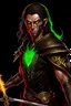 Placeholder: full length, mantle, black background, black with, holding a spear in his hand, dark green eyes, the character is not too close to the camera