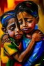 Placeholder: a girl hug her brother and both crying sadly, expressionism, Pixar style, in abstract art Basquiat, Picasso, Miro, Kandinsky, Klee, Birell, Fairey, Ardon, Buffet and Picasso style, HD --s 750 --v 5.1 --style raw, water color