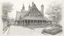 Placeholder: outline pencil sketch of a paved courtyard with a gothic house, tall crooked chimney, and roof