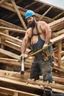 Placeholder: half figure shot photography of an ugly 40 year old stocky big chubby robust burly atab carpenter working on the roof, dirty, wet, wearing bulging overalls, shirtless, hairy chest, serious, very virile, long beard, curly hair,, , in a sunny construction work area, photorealistic , photorealistic