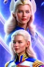 Placeholder: young cosmic woman admiral from the future, one fine whole face, large cosmic forehead, crystalline skin, expressive blue eyes, blue hair, smiling lips, very nice smile, costume pleiadian,rainbow ufo Beautiful tall woman pleiadian Galactic commander, ship, perfect datailed golden galactic suit, high rank, long blond hair,