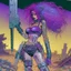 Placeholder: Una mujer egirl de pelo violeta cyberpunk con tatuajes fittnes en armadura plateada futurista en un estilo de comic de 1980 en un wasteland en montevideo con una espada laser.