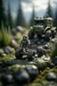 Placeholder: portrait of rock man in front of rock rocket on bumpy road in moist swamp planet , photo-realistic, shot on Hasselblad h6d-400c, zeiss prime lens, bokeh like f/0.8, tilt-shift lens 8k, high detail, smooth render, down-light, unreal eng