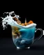 Placeholder: double exposure: a wave splashes out of a cup with an autumn fairy-tale landscape of a village 3d, landscape in a cup, surrealism, magic, fantasy art, black background